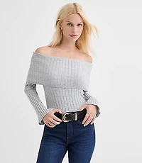 Petite Ribbed Flare Sleeve Off The Shoulder Sweater