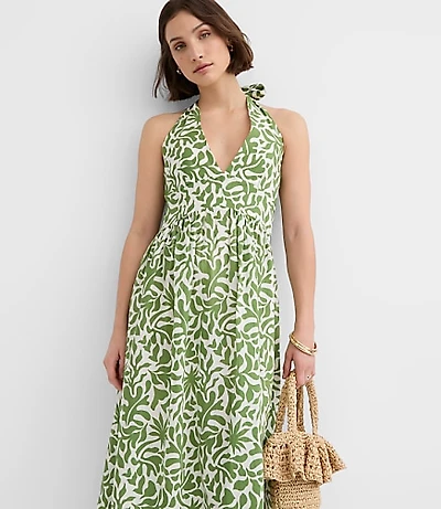 LOFT Beach Palm Linen Cotton Halter Maxi Dress