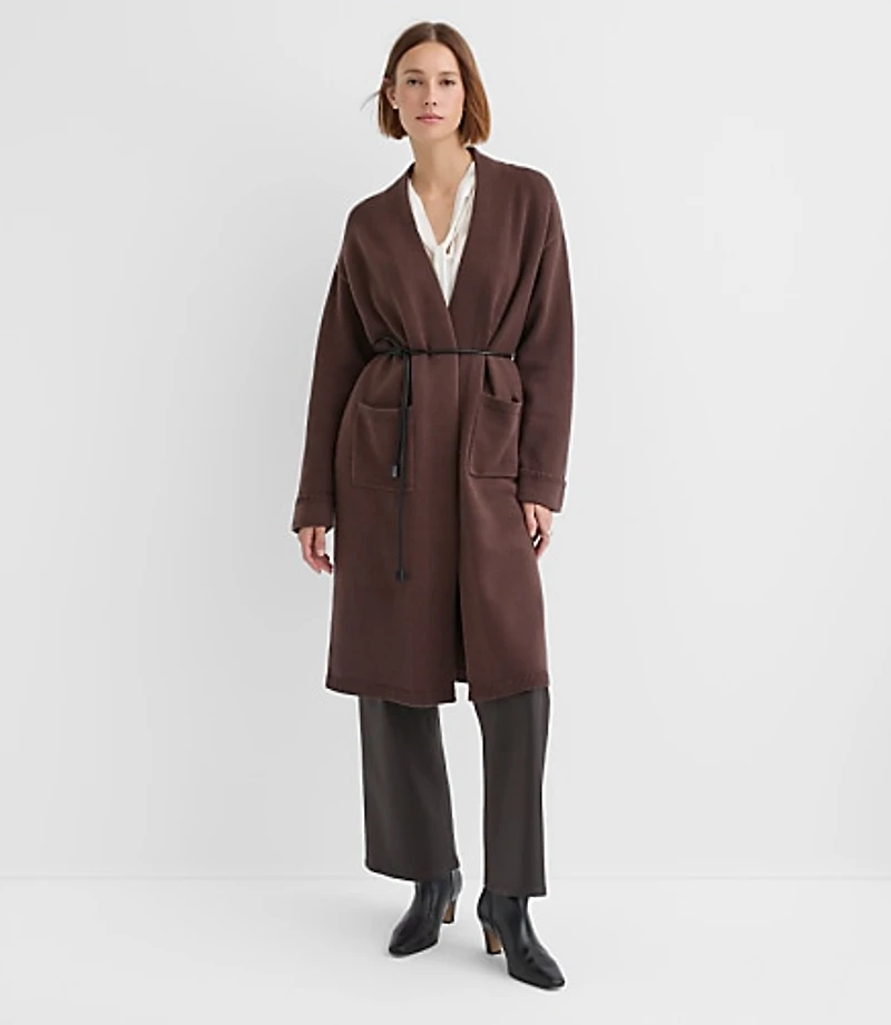 Petite Faux Leather Belted Pocket Coatigan