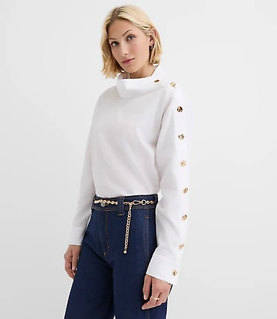 Petite Button Sleeve Mock Neck Shirt
