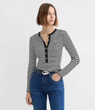Petite Stripe Metallic Button Henley Top