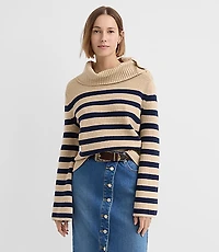 Petite Stripe Button Neck Flare Sleeve Sweater