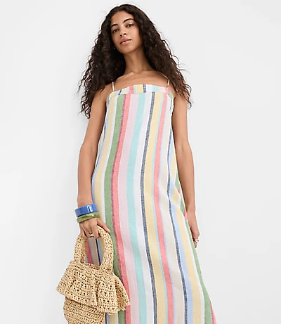 Rainbow Stripe Linen Cotton Strappy Maxi Dress