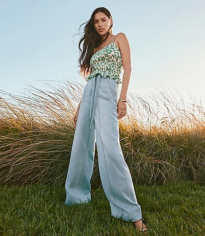 Petite Tie Waist High Rise Palazzo Jeans Light Wash