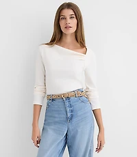 Petite Asymmetrical Neck Ribbed Top