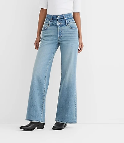 Rivete Petite Curvy Double Waisted High Rise Wide Leg Jeans Light Wash