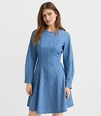Chambray Seamed Barrel Sleeve Mini Dress
