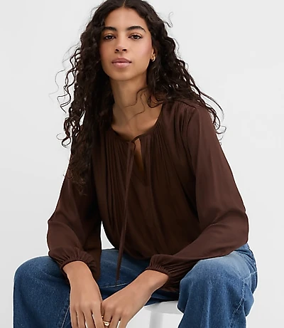 Shirred Tie Neck Bubble Blouse