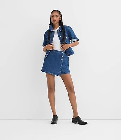 Petite Denim Wrap Skort in Medium Stone Wash