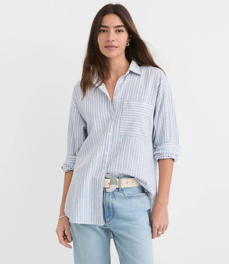 Striped Linen Cotton Everyday Oversized Pocket Shirt