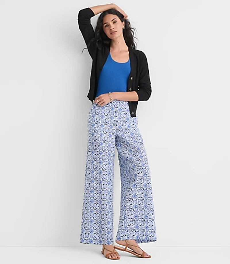Pull On Wide Leg Pants Mosaic Linen Cotton