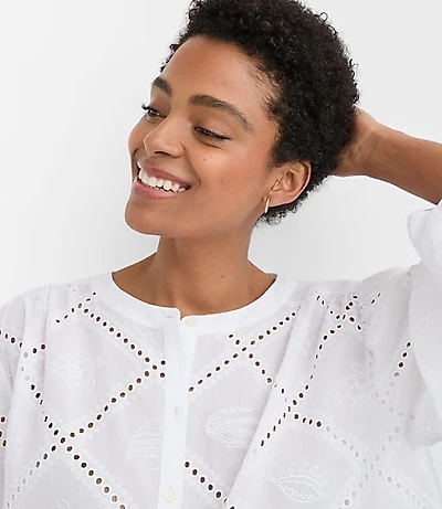 Sea Life Eyelet Balloon Sleeve Shirt