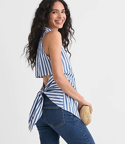 Poplin Cutout Tie Back Halter Top