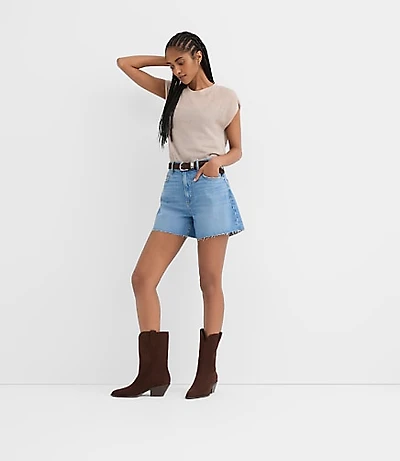 Rivete Petite High Rise Cut Off Denim Shorts Mid Wash