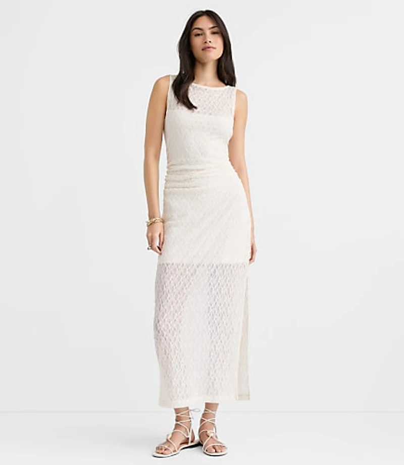 Lace Ruched Boatneck Midi Dress