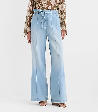 Tall Curvy Tie Waist High Rise Palazzo Jeans Light Wash