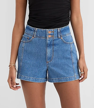 Rivete Tall Curvy Double Shank High Rise Denim Shorts Dark Wash