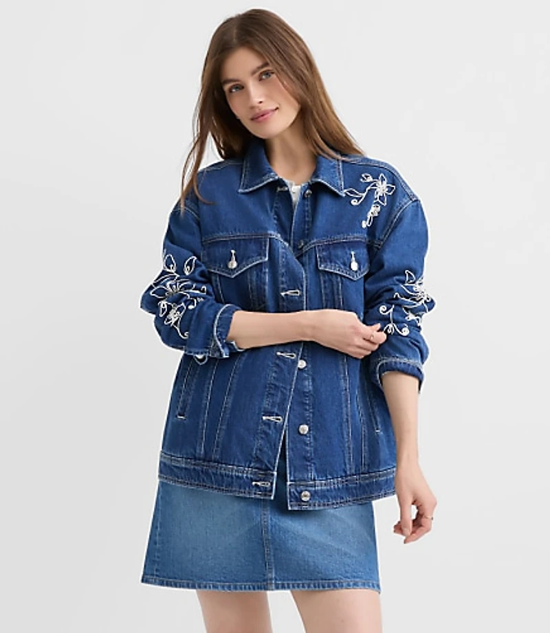 Petite Floral Embroidered Oversized Denim Trucker Jacket Bright Indigo Wash