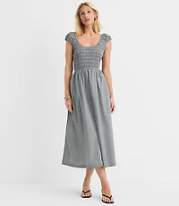 Gingham Smocked Cap Sleeve Midi Pocket Dress