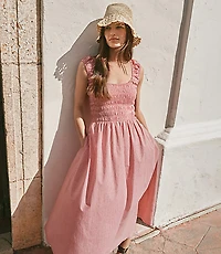 Gingham Smocked Cap Sleeve Midi Pocket Dress