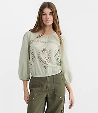 Petite Lace Trim Eyelet Blouse