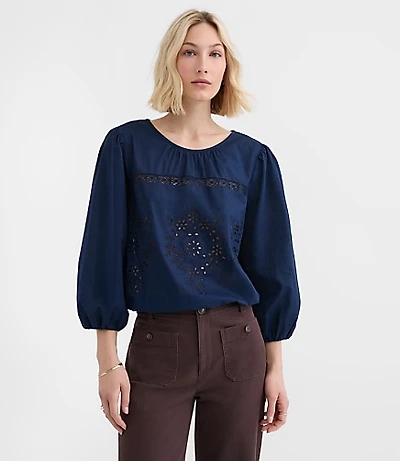 Petite Lace Trim Eyelet Blouse