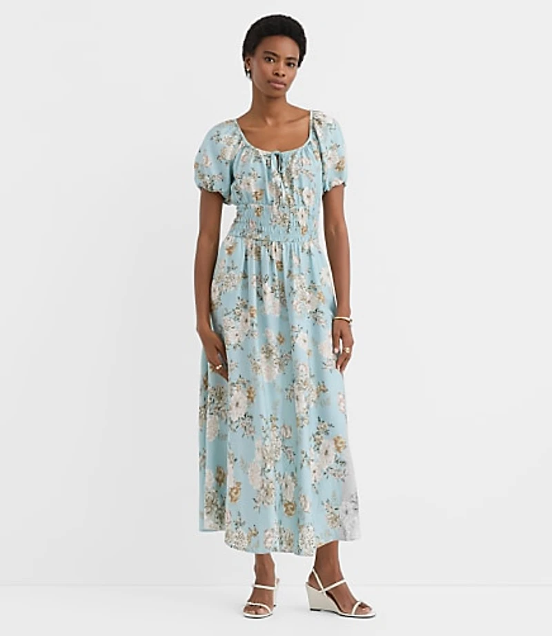 Petite Floral Ruffle Tie Neck Smocked Midi Dress
