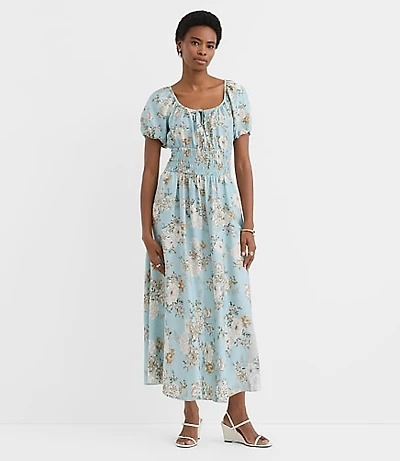 Petite Floral Ruffle Tie Neck Smocked Midi Dress