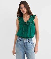 Eyelet Ruffle Tie Neck Button Top