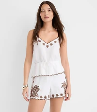 Darted Side Zip Shorts Floral Embroidered Linen Blend