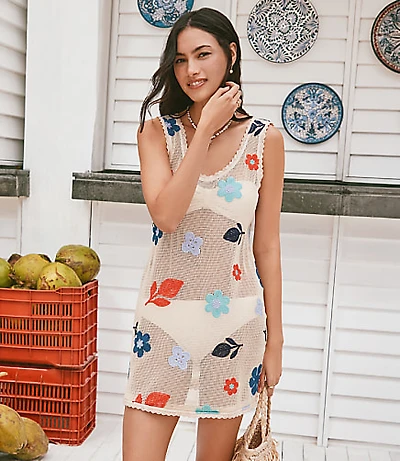 LOFT Beach Floral Crochet Mini Swimsuit Coverup Dress
