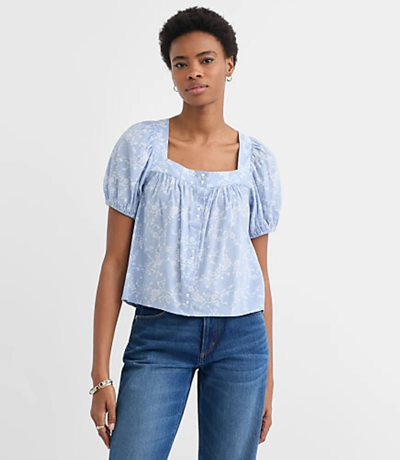 Petite Paisley Puff Sleeve Square Neck Blouse