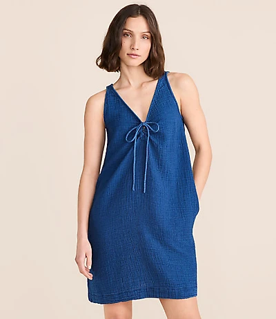 Petite Lou & Grey Denim Washed Double Cloth Tie Keyhole Mini Pocket Dress