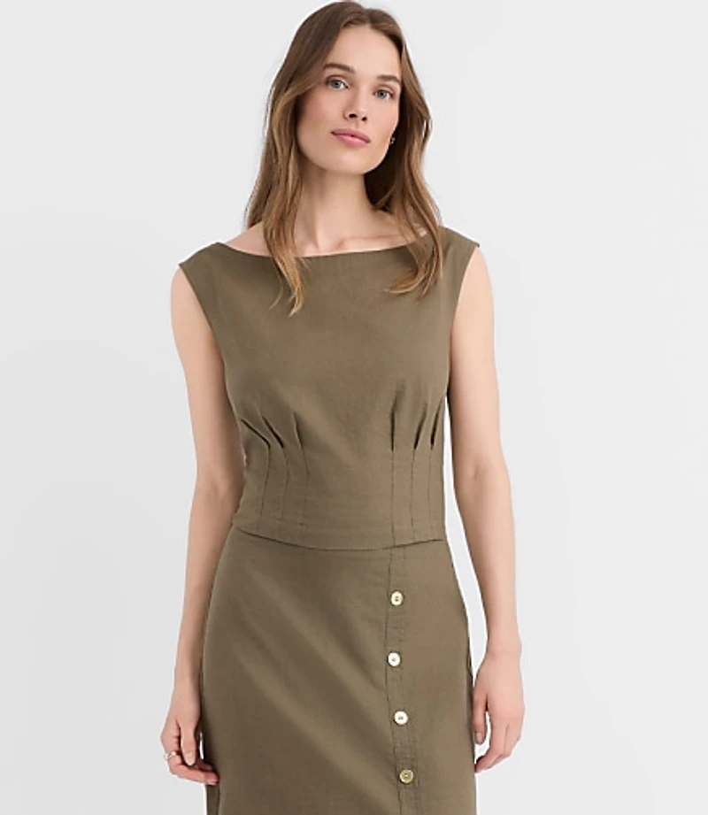 Petite Linen Cotton Pleated Boatneck Top
