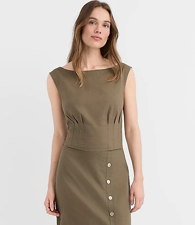 Petite Linen Cotton Pleated Boatneck Top
