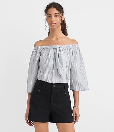 Petite Striped Poplin Bow Off The Shoulder Top