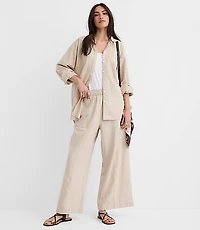 Petite Breezy Wide Leg Crop Pants in Crosshatch Linen Cotton