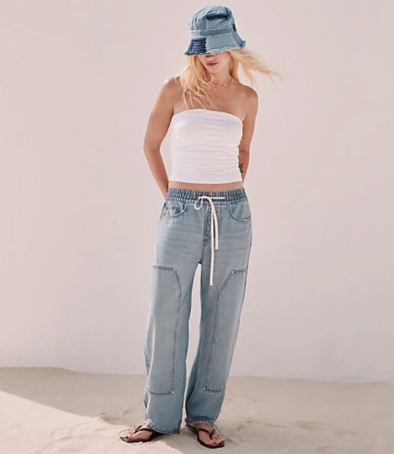 Rivete Utility High Rise Pull On Jeans Light Wash Indigo