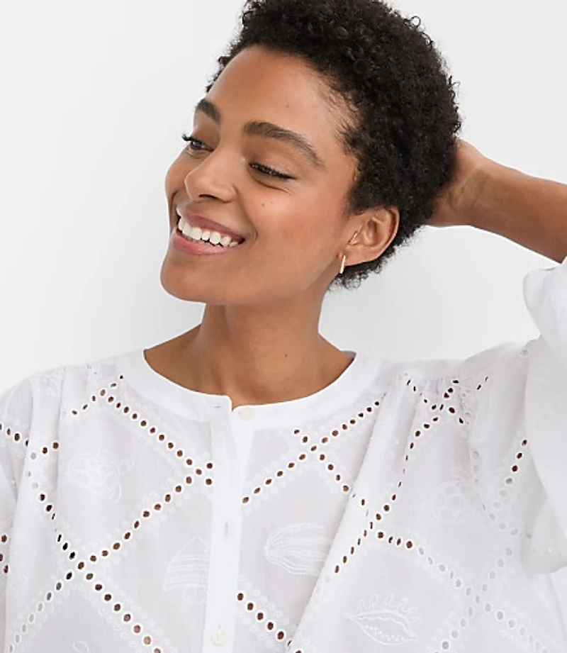 Petite Sea Life Eyelet Balloon Sleeve Shirt