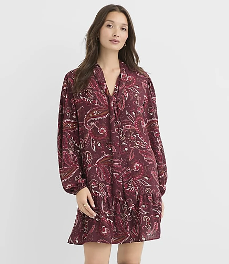 Paisley Tie Neck Mini Flounce Dress