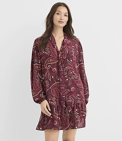 Paisley Tie Neck Mini Flounce Dress