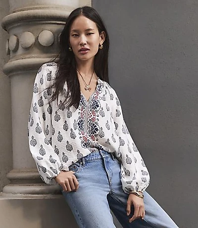 Border Paisley Shirred Split Neck Blouse