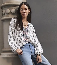 Border Paisley Shirred Split Neck Blouse