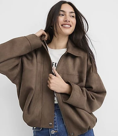 Faux Suede Seamed Batwing Jacket