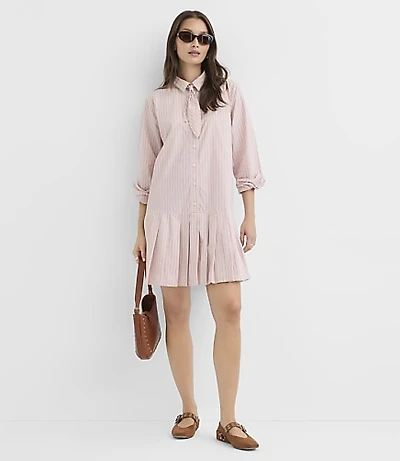 Striped Poplin Pleated Tie Neck Shirtdress