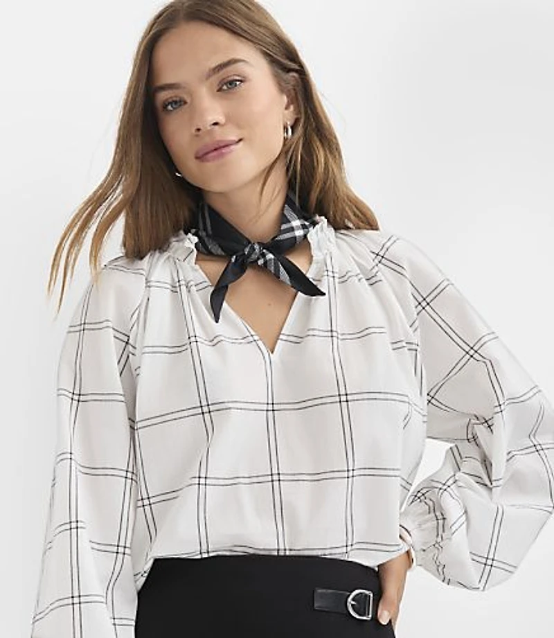 Plaid Pleated Ruffle Split Neck Blouse
