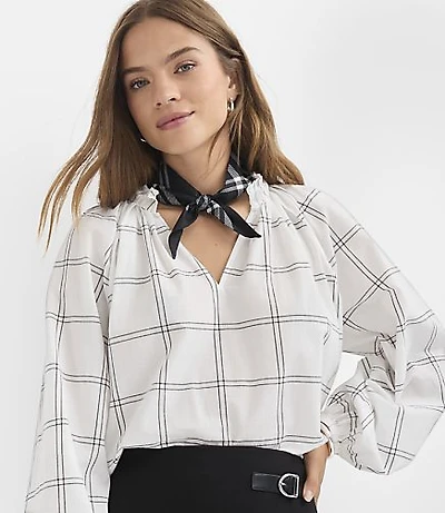 Plaid Pleated Ruffle Split Neck Blouse