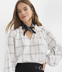 Plaid Pleated Ruffle Split Neck Blouse