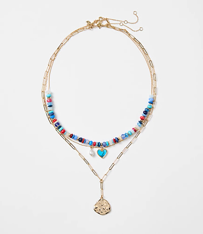Pearlized Heart Coin Layered Necklace Set