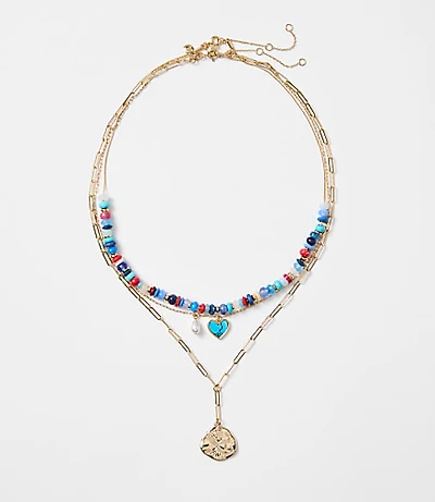 Pearlized Heart Coin Layered Necklace Set